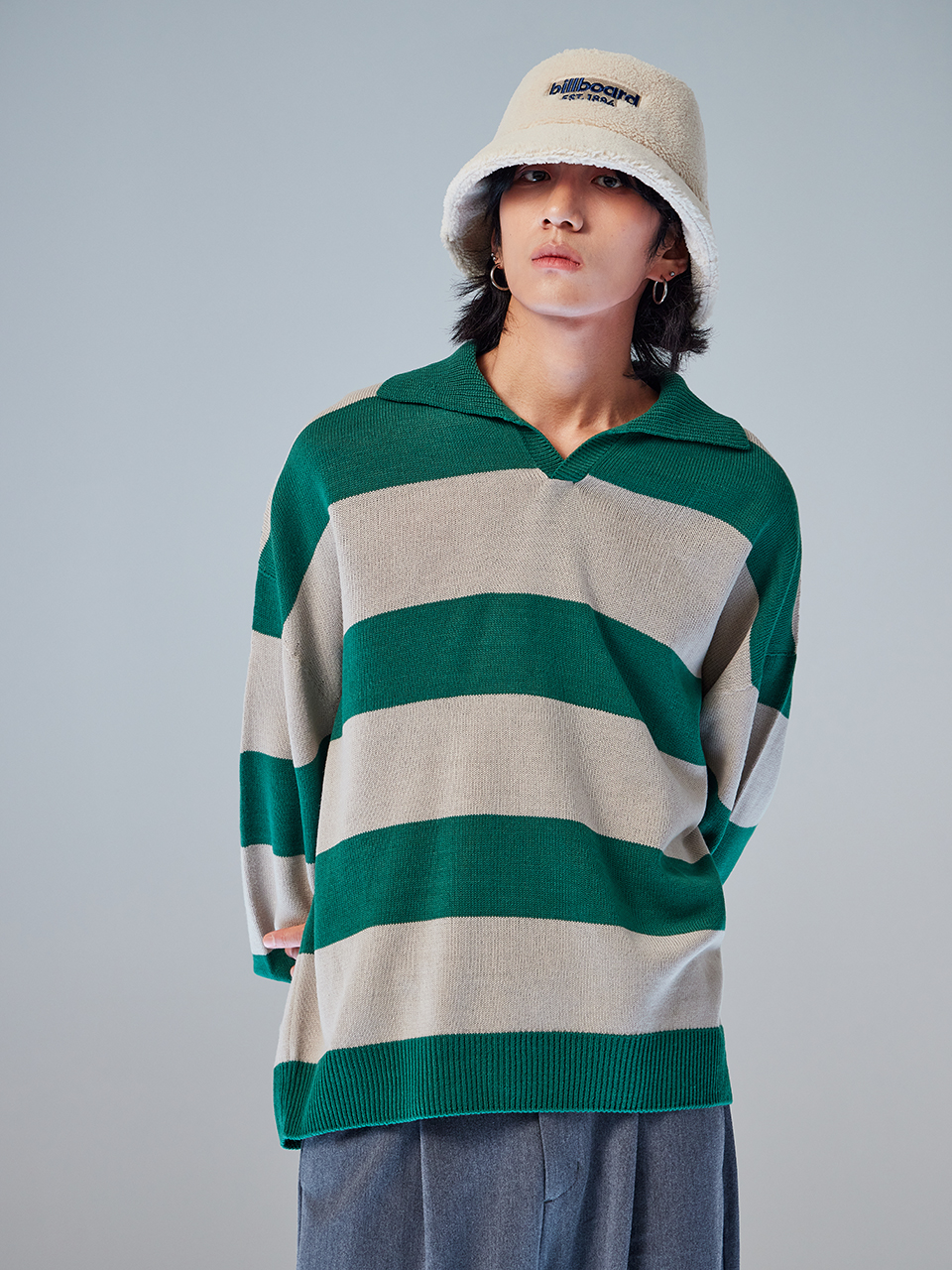 [백진 착용] B logo collar stripe knit_Green